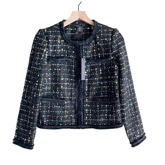 NWT Tahari Metallic Thread Tweed Fringe-Trim Blazer Jacket in Black,‎ XS - Picture 1 of 12
